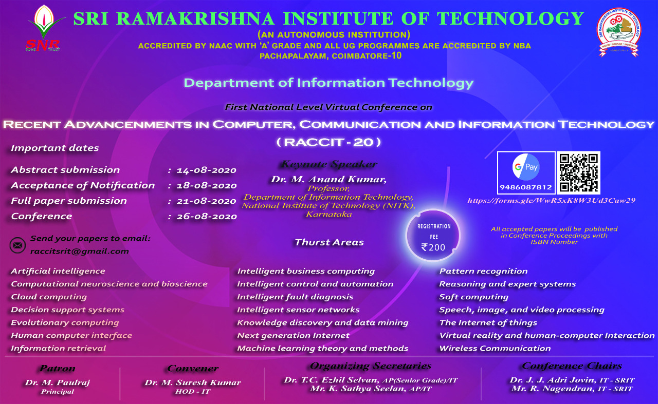 National Level Virtual Conference on Recent advancements in Computer, Communication and Information Technology (RACCIT– 20)